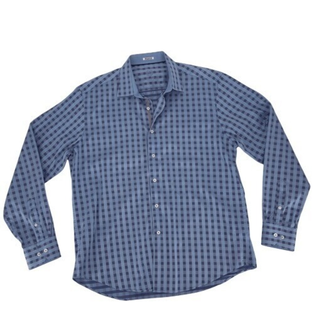 Bugatchi Uomo Blue Navy Check Shaped Fit Button Down Shirt XL